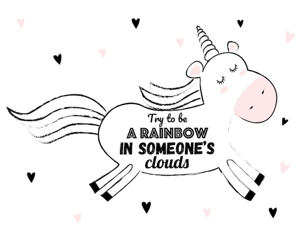 Vector cartoon sketch unicorn illustration with motivation lettering phrase