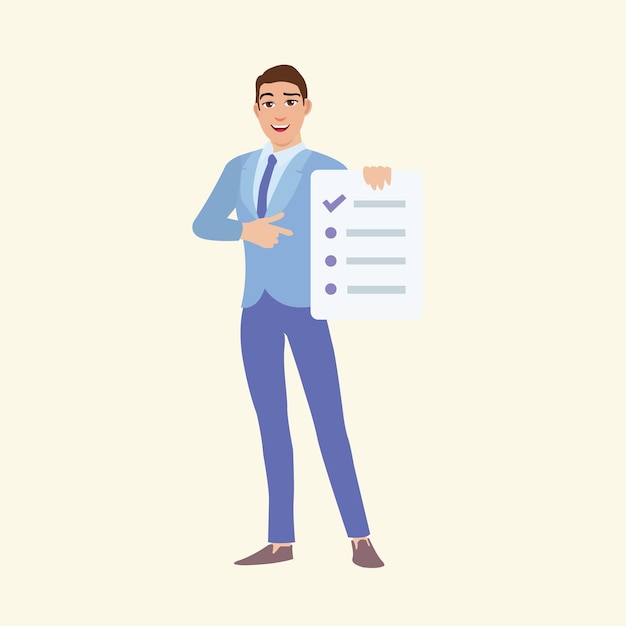 Vector Cartoon Smiling Businessman Pointing to Checklist