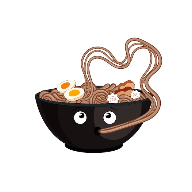 Vector cartoon soba noodles black bowl cute character isolated on white background