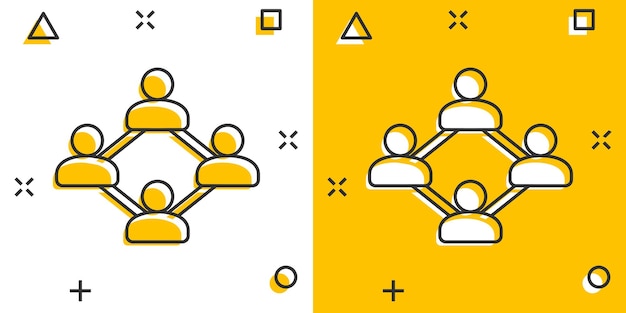 Иконка векторной мультипликационной социальной сети в комическом стиле пиктограмма иллюстрации знака связи людей концепция эффекта всплеска сетевого бизнеса