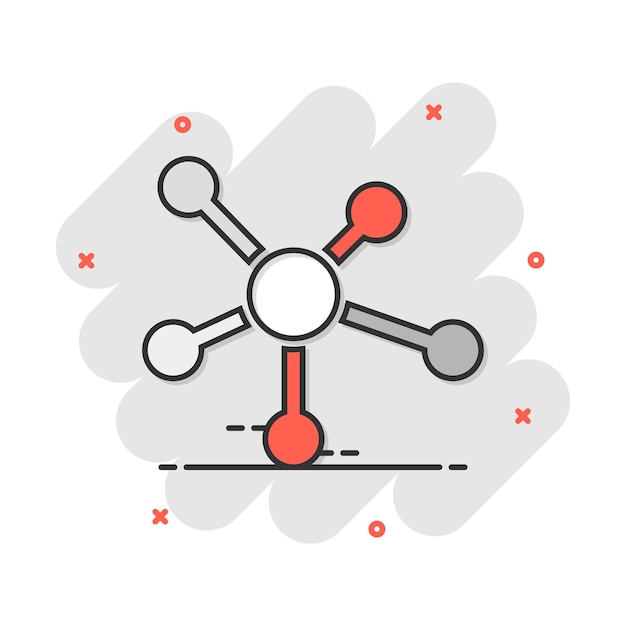 Vettore icona del dna della molecola del social network del fumetto vettoriale in stile fumetto pittogramma dell'illustrazione del segno della molecola concetto di effetto splash aziendale del dna