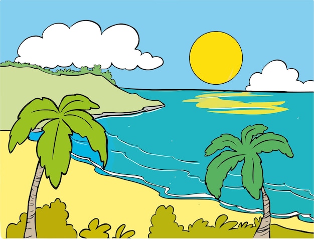 Vector cartoon style background of sea shore. Good sunny day cartoon vector