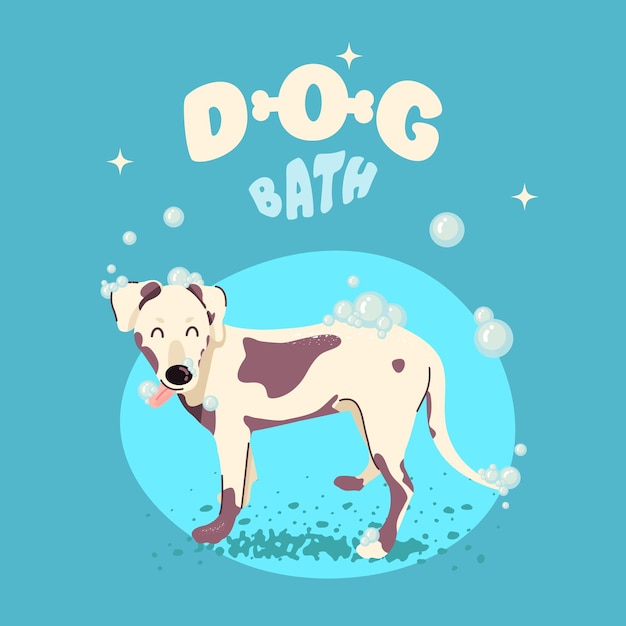 Vector cartoon style illustration of cute clean dog Grooming concept Blue background