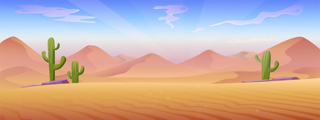 Vector cartoon style illustration. desert landscape with sand dunes and stones with cactuses.
