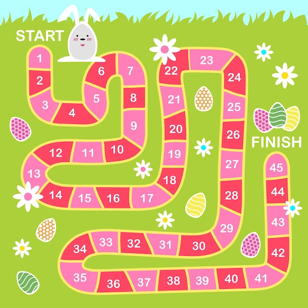 Vector vector cartoon style illustration of kids easter board game with holiday symbols. template for print.