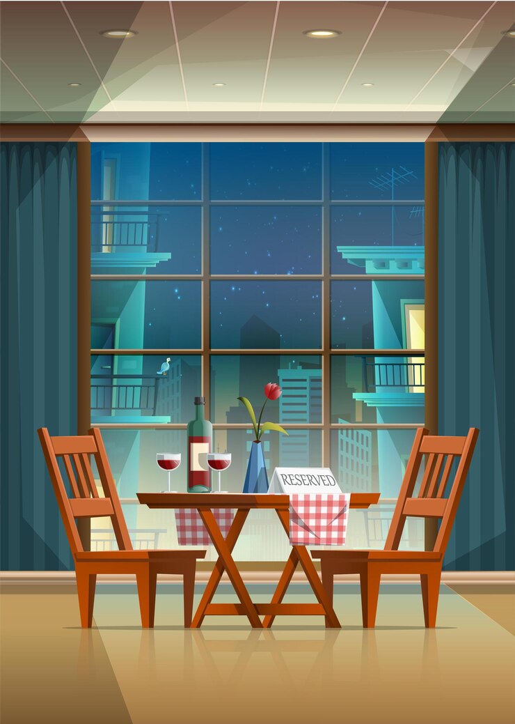 वेक्टर vector cartoon style illustration of romantic evening in a beautiful restaurant with couple table