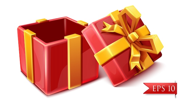 vector cartoon style red celebration box with golden ribbons opened.