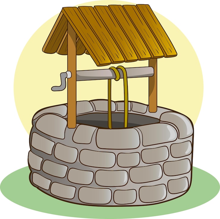 Vector vector cartoon summer landscape with vintage well with wooden roof pulley and bucket