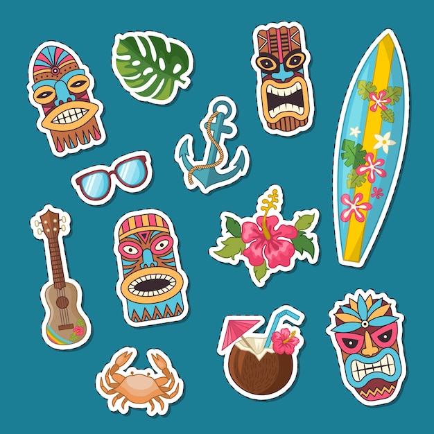 Vector cartoon summer travel elements stickers set illustration