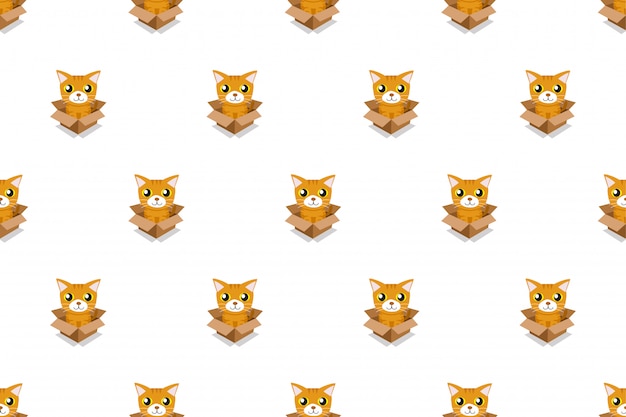 Vector cartoon tabby cat in cardboard box seamless pattern