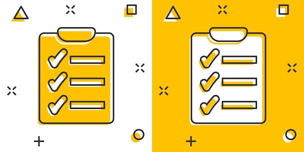 Vector cartoon takenlijstpictogram in komische stijl checklist takenlijst teken illustratie pictogram herinnering splash effect bedrijfsconcept