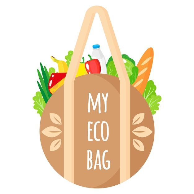 건강에 좋은 유기농 식품과 함께 에코 따옴표가 있는 벡터 만화 섬유 가방. 환경 개념을 돌보는 것. 에코 푸드 쇼핑.