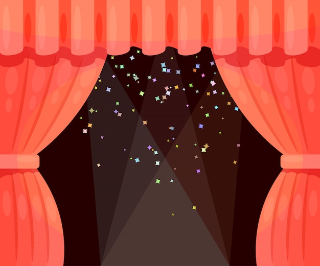 Vector cartoon theater with open curtain and rays of spotlights, falling stars. color illustration theater