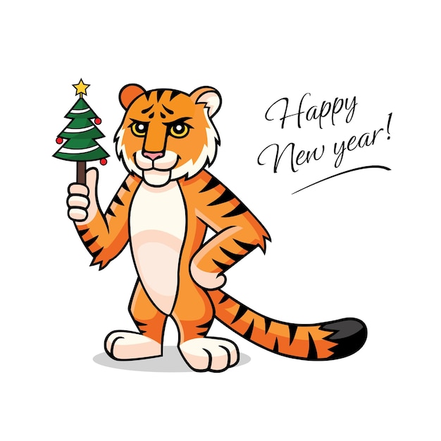 Vector cartoon Tiger symbool van het nieuwe maanjaar houdt een kerstboom in zijn poot