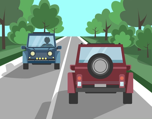 Вектор Векторный мультяшный трек с машинами и деревьями на обочине дороги