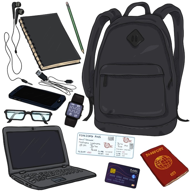 Vector Cartoon Travel Set Personal Belongings for Journey