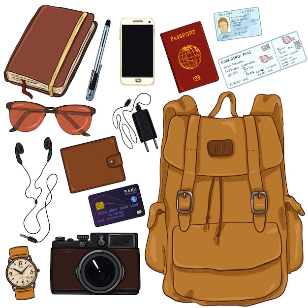 Векторный мультфильм Travel Set Личные вещи для путешествия