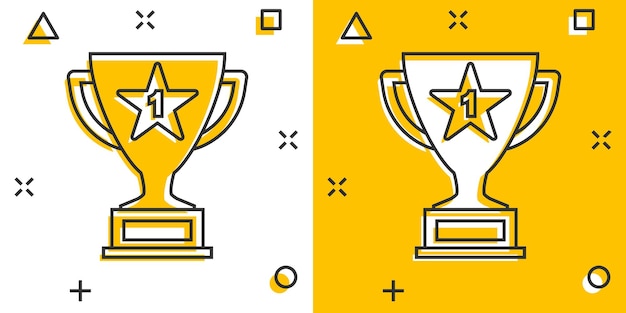 Vector cartoon trofee beker pictogram in komische stijl Winnaar teken illustratie pictogram Award prijs splash effect bedrijfsconcept