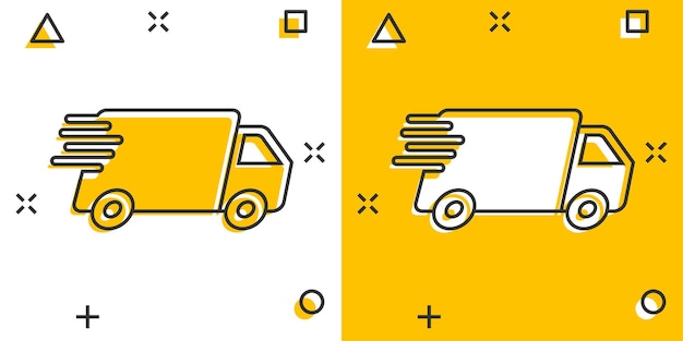 Vector cartoon truck car icon in comic style Fast delivery service shipping sign illustration pictogram Car van business splash effect concept