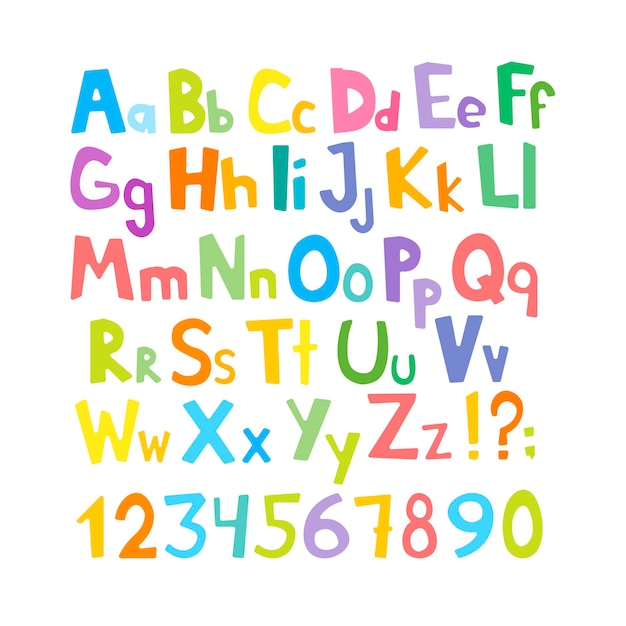 Vector vector cartoon typeface, multicolored kids vector abc, letters, numbers and symbols. uppercase and lowercase cute childish signs.