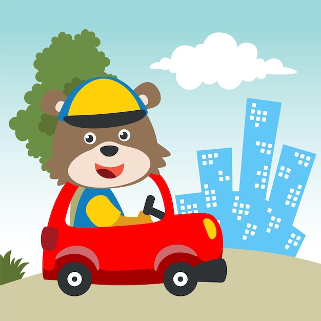 Vector cartoon van grappige beer rijdende auto op de weg Kan worden gebruikt voor het bedrukken van t-shirts, kinderen dragen modeontwerpen, baby shower uitnodigingskaarten en andere decoratie