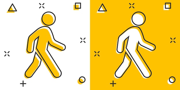 Vector cartoon wandelende man pictogram in komische stijl Mensen lopen teken illustratie pictogram Voetgangers bedrijfsconcept splash effect