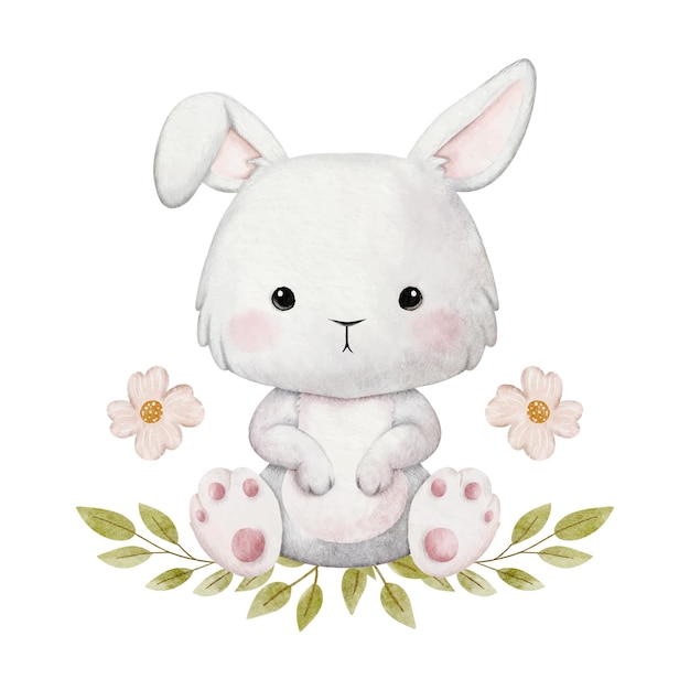 Acquerello a cartone animato vettoriale di un animale del bosco con un coniglio seduto in congedo e una ghirlanda di fiori