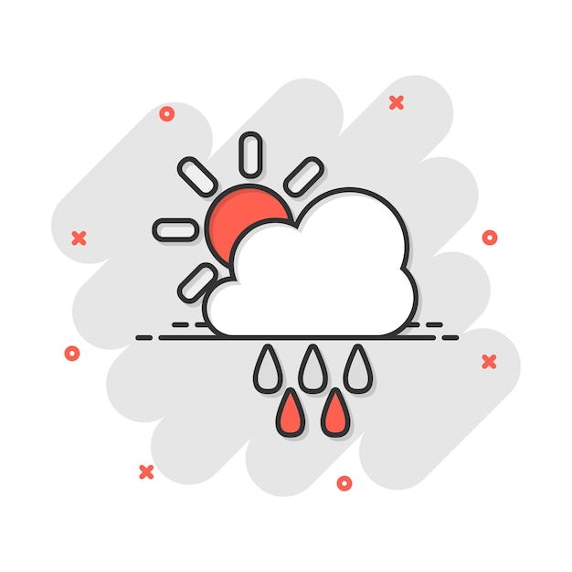 Vector cartoon weather forecast icon in comic style Sun with clouds concept illustration pictogram Cloud with rain business splash effect concept