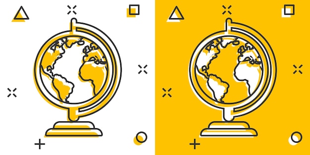 Vector cartoon wereldbol wereldkaart icoon in komische stijl ronde aarde illustratie pictogram planeet splash effect bedrijfsconcept