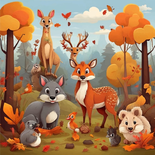 Vector vector cartoon wild animals in the autumn forest