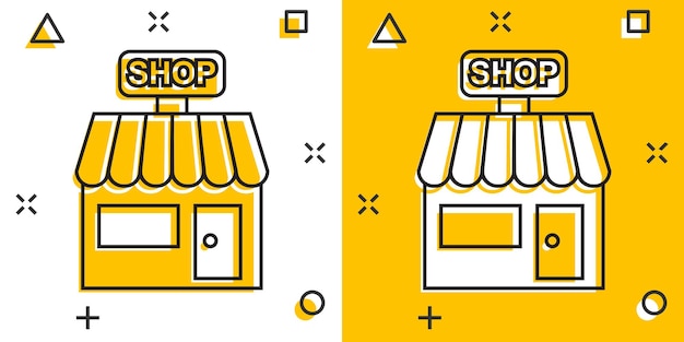 Vector cartoon winkel markt pictogram in komische stijl Winkel gebouw teken illustratie pictogram Mall splash effect bedrijfsconcept