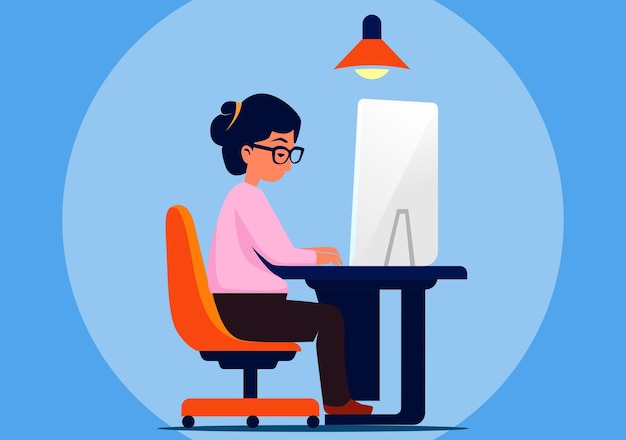 вектор мультфильм женщина работница сидит за столом с помощью компьютера