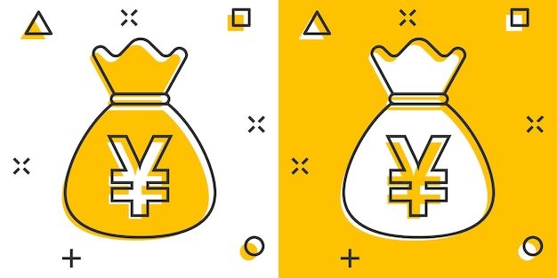 Vector cartoon yen yuan zak geld valuta pictogram in komische stijl yen munt zak concept illustratie pictogram Azië geld splash effect bedrijfsconcept