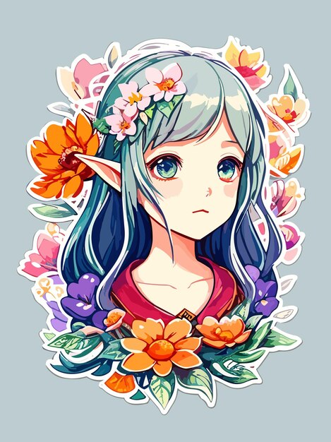 A vector cartoon young beauty with flower decoration