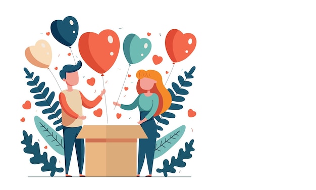 Vector Cartoon Young Couple Standing With Heart Balloons Coming Out Of Box Leaves And Copy Space