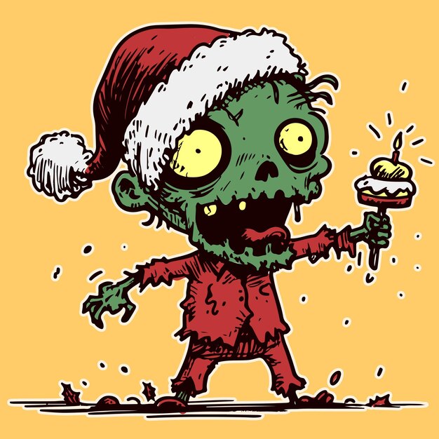 Vector vector of a cartoon zombie celebrating christmas by wearing red clothes and holding a cupcake