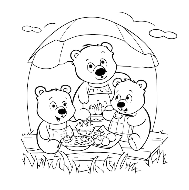 Vector cartoonish bear family picnic fun illustration line art black and white