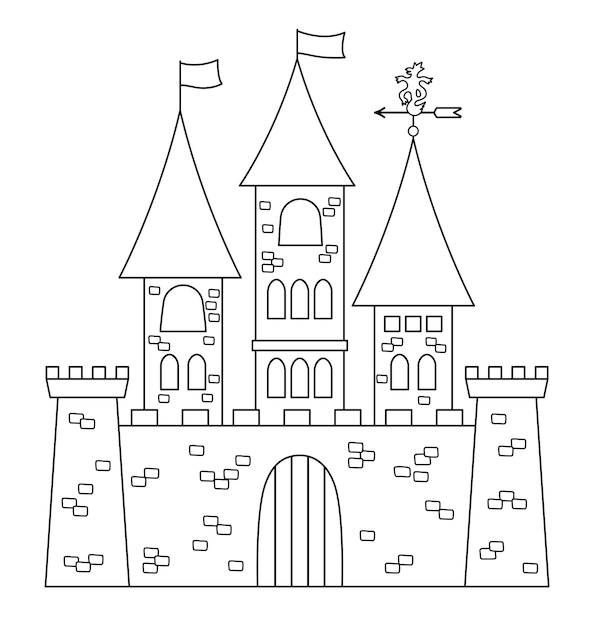 Vector vector castle black and white icon isolated on white background medieval line stone palace with towers flags gates fairy tale king house illustration or coloring pagexa