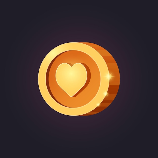 Vector casual game icon with heart. Isolated golden coin. GUI UI for web, game or app. Interface element. Vector