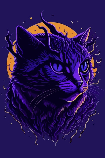고양이의 터 - 보라색 일러스트레이션 아트 디자인, 로고 포스터 및 티셔츠 디자인