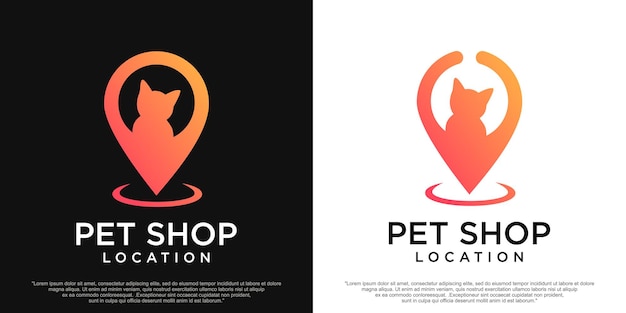 Combinazione di logo vettoriale gatto e puntatore mappa modello di progettazione logotipo veterinario e pin unico