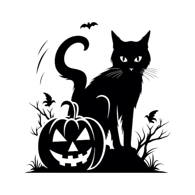 Vettore silhouette di un gatto vettoriale e di una zucca