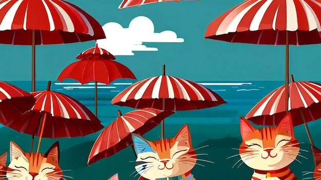 터 고양이는 빨간 우산 에서 잠을 자고 고양이는 행복하고 편안해 보입니다.