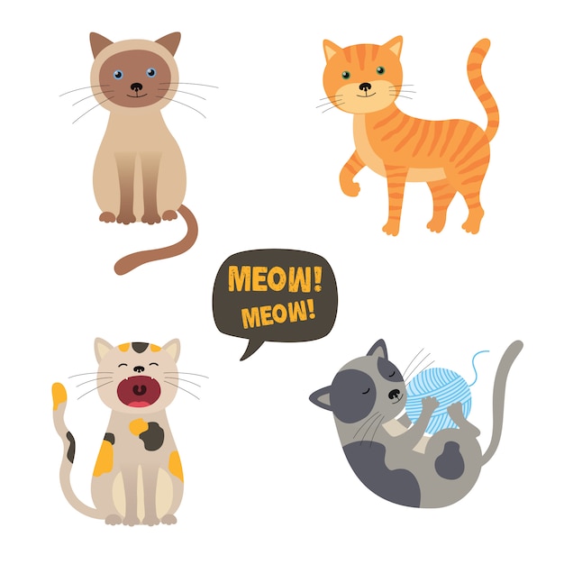 Vector cats. set characters. cute cat. meow