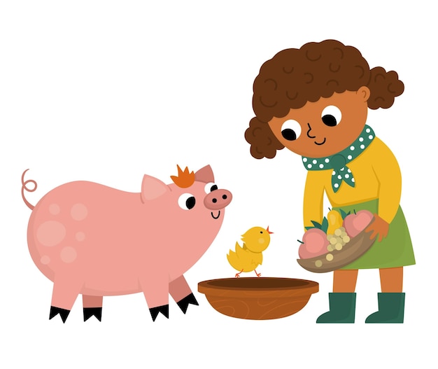 Векторная икона животновода Девушка-фермер кормит животных Милый ребенок занимается сельскохозяйственными работами Сельская сцена Ребенок с милой свиньей и курицей Смешная иллюстрация фермы с героями мультфильмов