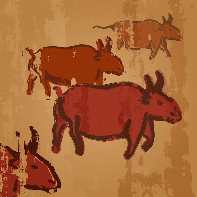 Vector vector cave drawing illustration - herd of cows. primitive arts. red clay paintings.