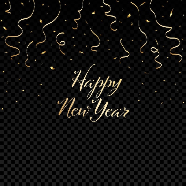 Vector celebration black background template with elegant greeting card confetti and gold ribbon