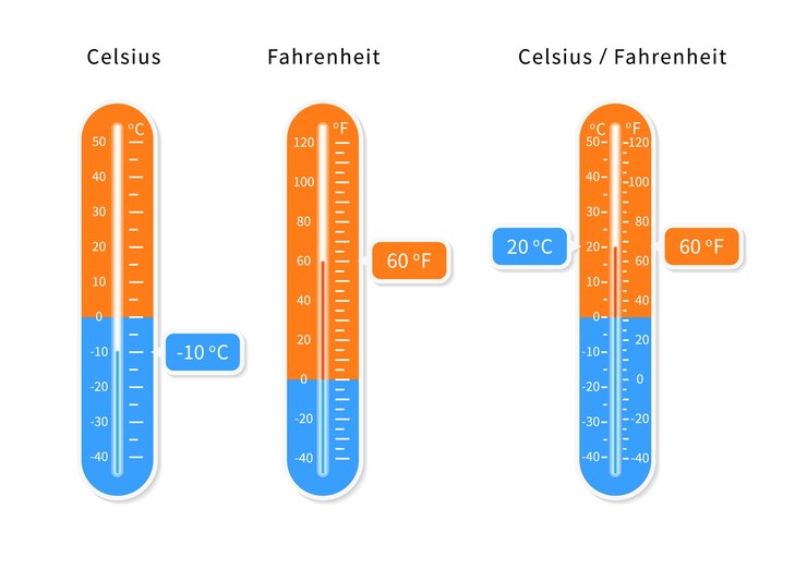 Vector vector celsius and fahrenheit meteorology thermometers set.