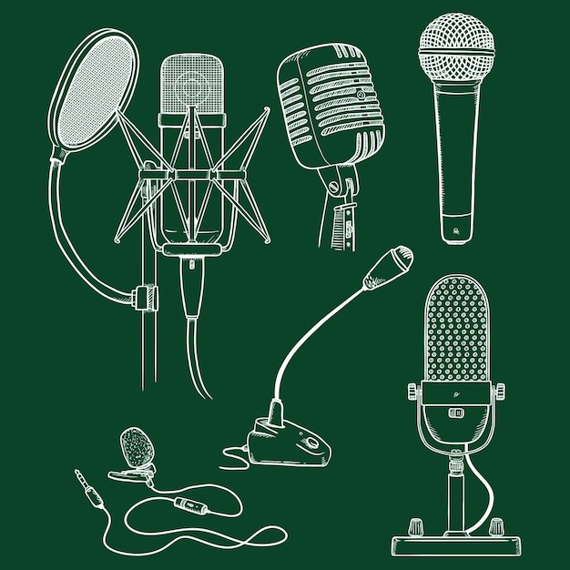 Vector chalk sketch set of microphone illustrations