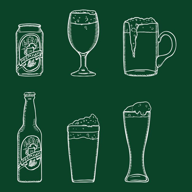 Vector vector chalk sketch set of beer glasses bottle and can outline illustrations for bar menu